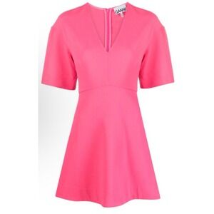 GANNI V-neck Flared Pink Stretch‎  A-line Mini Dress EU 36 US 6 M Org $395
